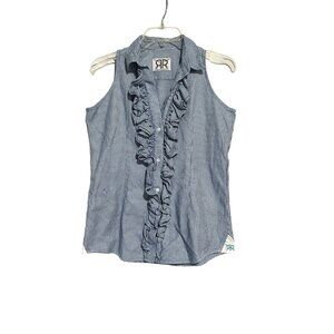 Double R By Ravi Ratan Women's Top Blouse‎ Sleeveless Ruffle Neck Blue Size M
